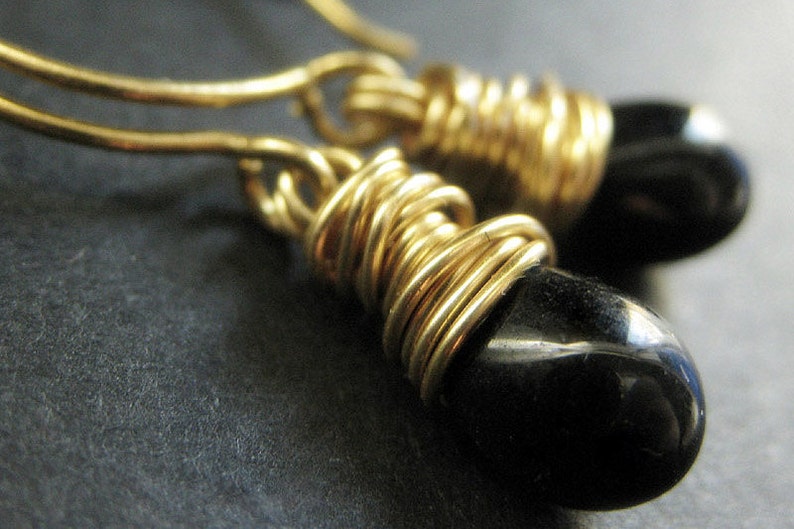 Black Earrings Black Teardrop Earrings Wire Wrapped in Gold. Handmade Jewelry. image 1