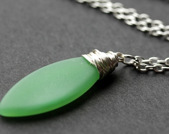 Seafoam Seaglass Necklace. Green Necklace. Green Frosted Glass Necklace. Marquis Necklace in Silver. Handmade Jewelry.