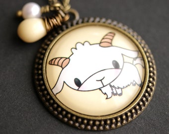 Baby Goat Necklace. Cartoon Goat Pendant. White Goat Necklace with Cream Teardrop and Fresh Water Pearl. Bronze Necklace.