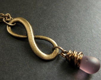 Wire Wrapped Bronze Infinity Pendant Necklace. Frosted Purple Teardrop Necklace. Handmade Jewelry.