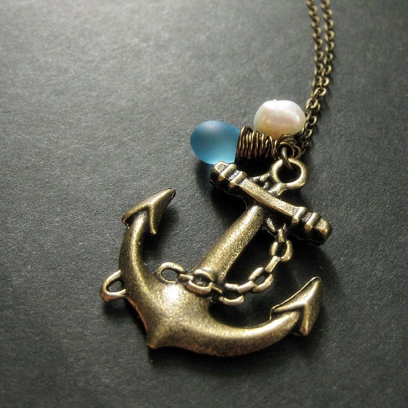 Anchor Pendant Necklace. Sailor Necklace in Bronze with Turquoise Teardrop and Pearl. Handmade Jewelry. image 2