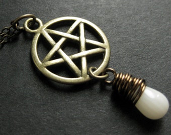 White Coral Necklace. Pagan Necklace. Teardrop Necklace. Bronze Pentagram Necklace. Handmade Jewelry.