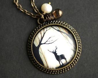 Deer Necklace. Forest Wildlife Necklace. Deer Pendant with Brown Teardrop and Fresh Water Pearl. Woodland Necklace. Bronze Necklace.
