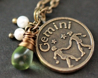 Gemini Necklace. Zodiac Necklace. Sun Sign Charm Necklace with Glass Teardrop and Pearls. Handmade Jewelry.