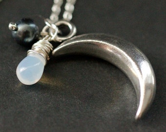 Silver Moon Necklace. Crescent Moon Necklace with Opalite Teardrop and Midnight Blue Fresh Water Pearl. Handmade Jewellery.