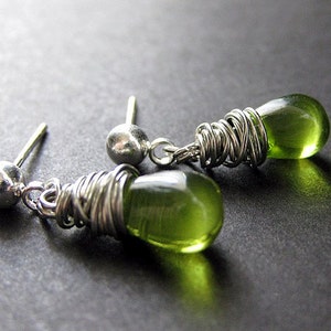 Drop Earrings in Peridot Green - Silver Stud Earrings with Wire Wrapped Clear Green Drop Earrings. Handmade Jewelry.