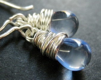 Wire Wrapped Pale Blue Clear Teardrop Earrings in Silver. Handmade Jewelry.