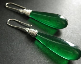 Long Earrings. Green Earrings. Extra Long Dangle Earrings Wire Wrapped Teardrop Earrings in Silver. Handmade Jewelry.