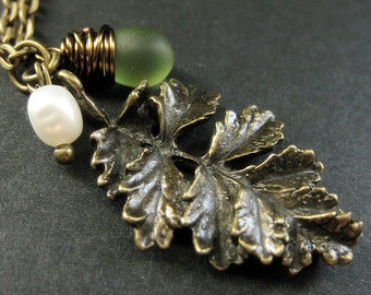 Ruffled Leaf Necklace. Bronze Leaf Pendant with Frosted Green Teardrop and Pearl. Handmade Jewelry.