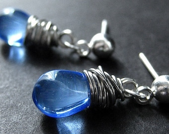 Blue Earrings. Silver Post Earrings. Wire Wrapped Dangle Earrings. Clear Blue Drop Earrings. Handmade Jewelry.