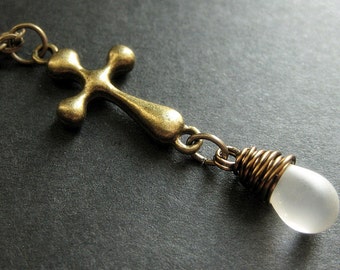 Pale Frost Teardrop Pendant Necklace. Bronze Cross Necklace. Christian Necklace. Handmade Jewelry.