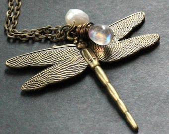 Dragonfly Necklace. Bronze Dragonfly Charm Necklace with Teardrop Charm and Fresh Water Pearl. Handmade Jewelry.