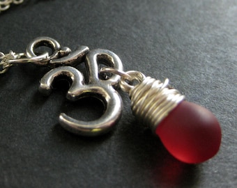 Om Necklace in Silver. Yoga Jewelry. Frosted Red Necklace. Yoga Necklace. Teardrop Necklace. Handmade Jewelry.