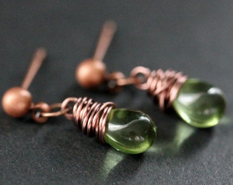 COPPER Earrings - Green Teardrop Earrings. Stud Earrings. Dangle Earrings. Post Earrings. Handmade Jewelry.