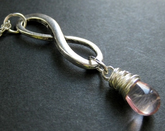 Silver Infinity Symbol Necklace. Teardrop Necklace. Pink Necklace. Wire Wrapped. Handmade Jewelry.