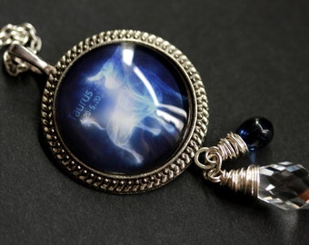 Taurus Necklace. Cobalt Blue Zodiac Astrology Necklace. Sun Sign Constellation Necklace. Wire Wrapped Crystal Necklace. Charm Necklace.