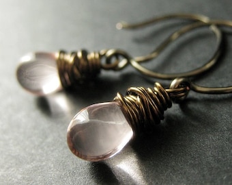 BRONZE Earrings - Light Pink Earrings in Glass, Wire Wrapped Drop Earrings. Dangle Earrings. Handmade Jewelry.