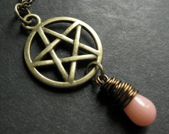 Pink Coral Necklace. Teardrop Necklace. Bronze Pentagram Necklace. Pagan Necklace. Handmade Jewelry.