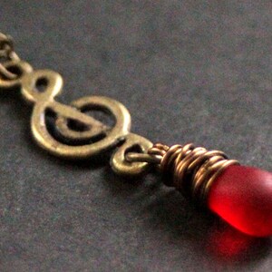 Treble Clef Necklace. Music Necklace. Musical Note Necklace. Clouded Red Teardrop Necklace in Bronze. Handmade Jewelry.
