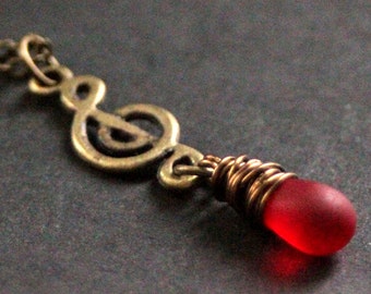 Treble Clef Necklace. Music Necklace. Musical Note Necklace. Clouded Red Teardrop Necklace in Bronze. Handmade Jewelry.