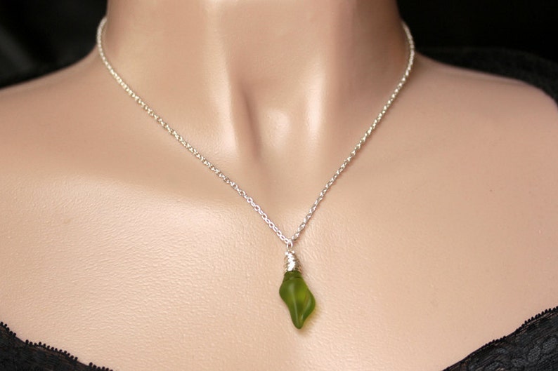 Frosted Sea Glass Necklace in Silver Handmade Jewelry. Olive Green Seaglass Necklace Olive Green Necklace Conch Shell Necklace