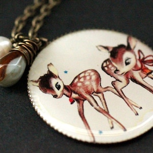 Twin Deer Necklace. Woodland Pendant with Glass Teardrop and Fresh Water Pearl. Woodland Necklace. Wildlife Jewelry. Handmade Jewelry.
