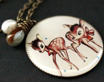 Twin Deer Necklace. Woodland Pendant with Glass Teardrop and Fresh Water Pearl. Woodland Necklace. Wildlife Jewelry. Handmade Jewelry.