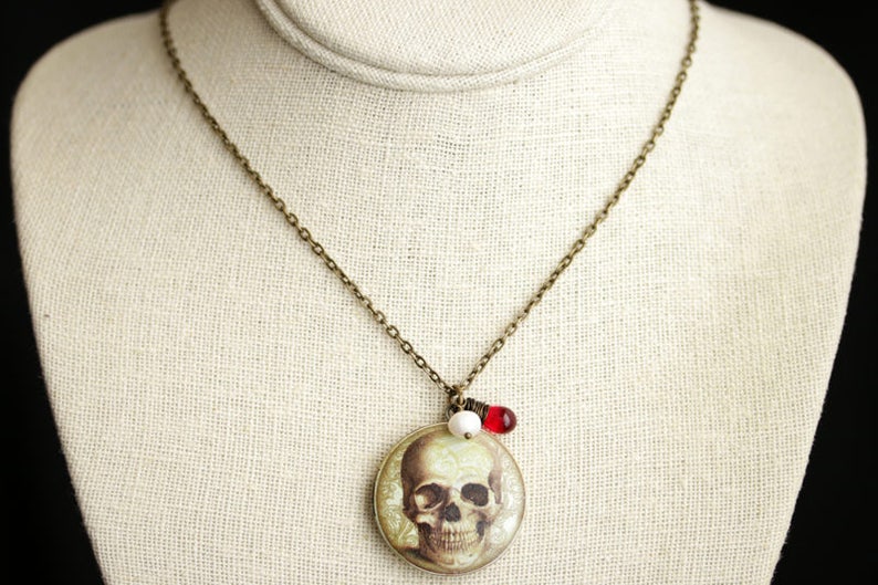 Creepy Skull Locket Necklace. Skull Necklace with Red Teardrop and Fresh Water Pearl Charm. Halloween Necklace. Bronze Locket. image 2