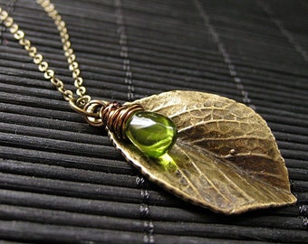 Leaf Necklace. Bronze Leaf Pendant with Wire Wrapped Green Teardrop. Handmade Jewelry.