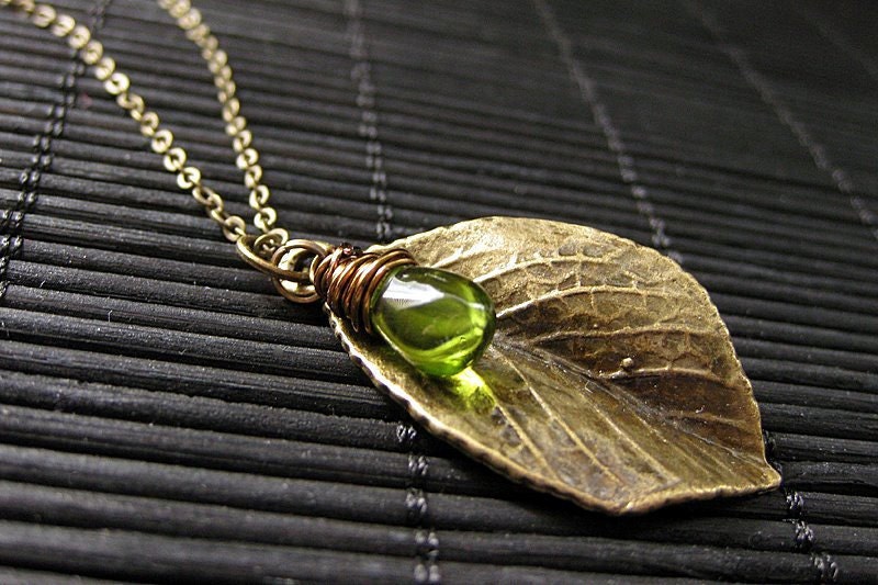 Leaf Necklace. Bronze Leaf Pendant with Wire Wrapped Green Teardrop. Handmade Jewelry.