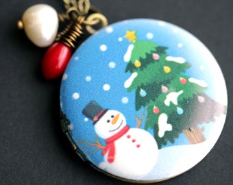 Happy Snowman Locket Necklace. Snowman Necklace. Christmas Necklace with Red Coral Teardrop and Fresh Water Pearl. Handmade Jewelry.