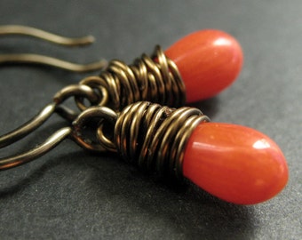 BRONZE Earrings - Orange Coral Earrings. Wire Wrapped Earrings. Teardrop Earrings. Handmade Jewelry.