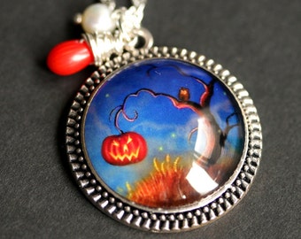 Halloween Necklace. Orange Pumpkin Pendant with Fresh Water Pearl and Orange Coral Teardrop. Halloween Pendant. Handmade Necklace.