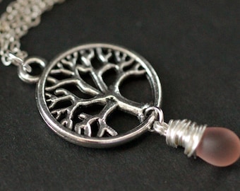 Tree of Life Necklace. Tree Necklace in Silver. Wire Wrapped Frosted Pink Teardrop Necklace. Handmade Jewellery.