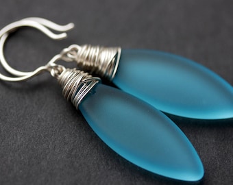 Pacific Seaglass Earrings. Turquoise Seaglass Dangle Earrings. Marquis Style Frosted Earrings. Wire Wrapped Earrings. Handmade Jewelry.