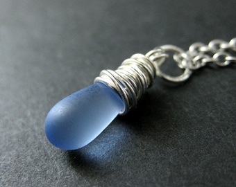 Clouded Blue Teardrop Necklace in Silver. Bridesmaid Jewelry. Wire Wrapped Teardrop. Handmade Necklace.