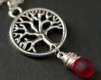 Silver Tree of Life Necklace. Tree Necklace. Wire Wrapped Clouded Red Teardrop Necklace. Handmade Jewelry.