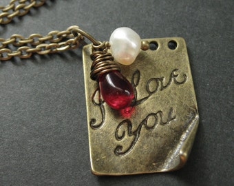 I Love You Necklace. Love Necklace. Romantic Necklace. Charm Necklace with Red Teardrop and Pearl. Handmade Jewelry.