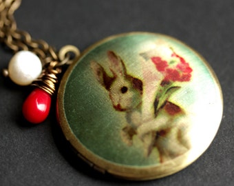 Easter Bunny Necklace. Rabbit Locket Necklace. Turquoise and Red Necklace with Red Coral Teardrop and Pearl. White Rabbit Necklace.