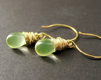 14K GOLD Earrings - Wire Wrapped Earrings - Clear Lemon Lime Teardrop Earrings. Handmade Jewelry.