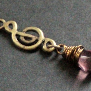Music Necklace. Purple Teardrop Necklace. Treble Clef Necklace. Musical Note Necklace in Bronze. Handmade Jewellery.