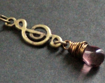 Music Necklace. Purple Teardrop Necklace. Treble Clef Necklace. Musical Note Necklace in Bronze. Handmade Jewellery.