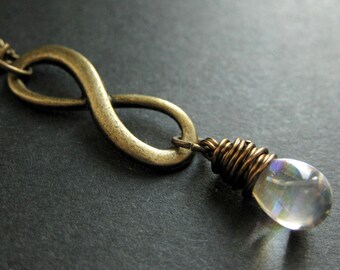 Wire Wrapped Bronze Infinity Necklace. Clear Teardrop Necklace. Handmade Jewelry.