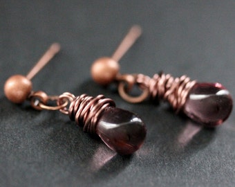 COPPER Earrings - Purple Teardrop Earrings. Stud Earrings. Dangle Earrings. Post Earrings. Handmade Jewelry.