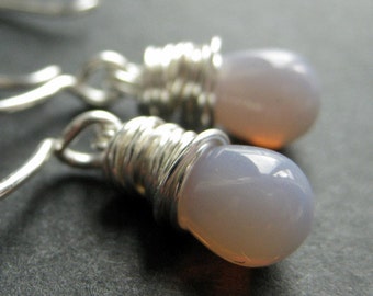 Pale Lavender Opaque Teardrop Earrings. Silver Wire Wrapped Earrings. Handmade Jewelry.