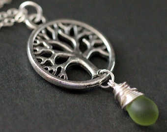 Tree Necklace in Silver. Tree of Life Necklace. Wire Wrapped Clouded Green Teardrop Necklace. Handmade Jewelry.