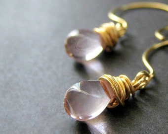 Teardrop Earrings: Wire Wrapped Light Pink Earrings in Gold. Handmade Jewelry.
