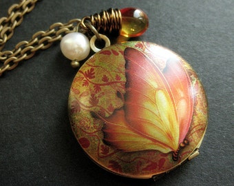 Flaming Butterfly Locket Necklace. Butterfly Necklace with Fiery Teardrop and Fresh Water Pearl. Handmade Jewelry.