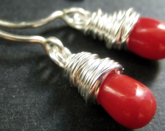 STERLING SILVER Earrings - Red Coral Earrings. Teardrop Earrings. Wire Wrapped Handmade Jewelry.