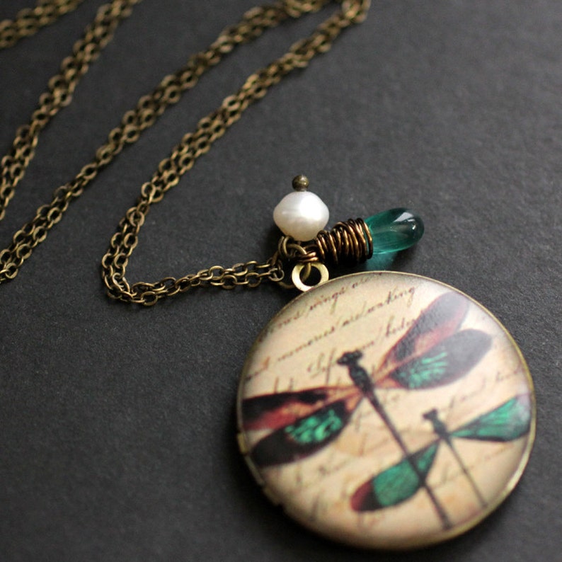 Dragonfly Necklace. Dragonfly Locket Necklace with Teal Teardrop and Fresh Water Pearl. Handmade Jewelry. image 2